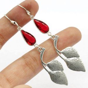 All Handmade Real Garnet 925 Silver Plated Earrings 2.7''